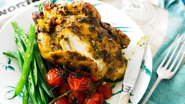 Spatchcock with baby tomatoes