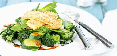 Green vegetable stir-fry with sesame haloumi