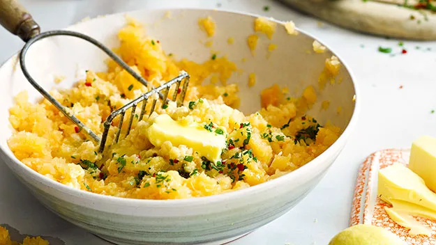 Smashed swede with chilli and herbs