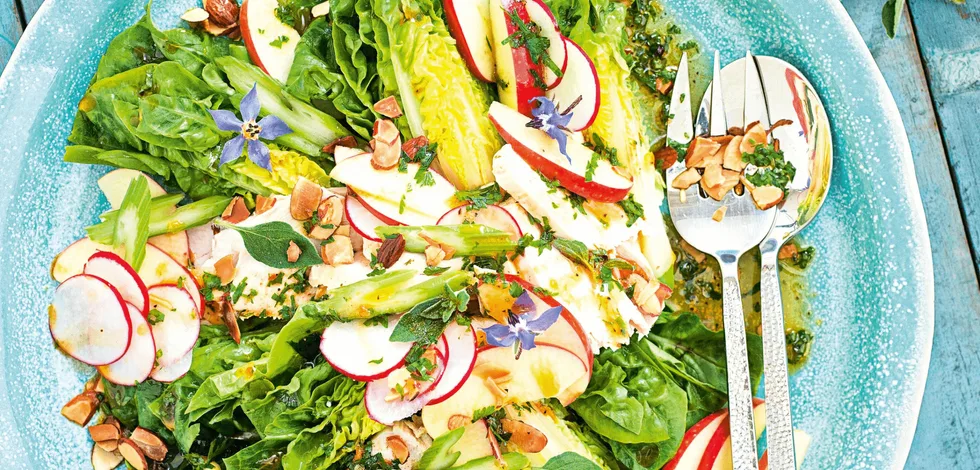 Cos salad with poached lemon chicken