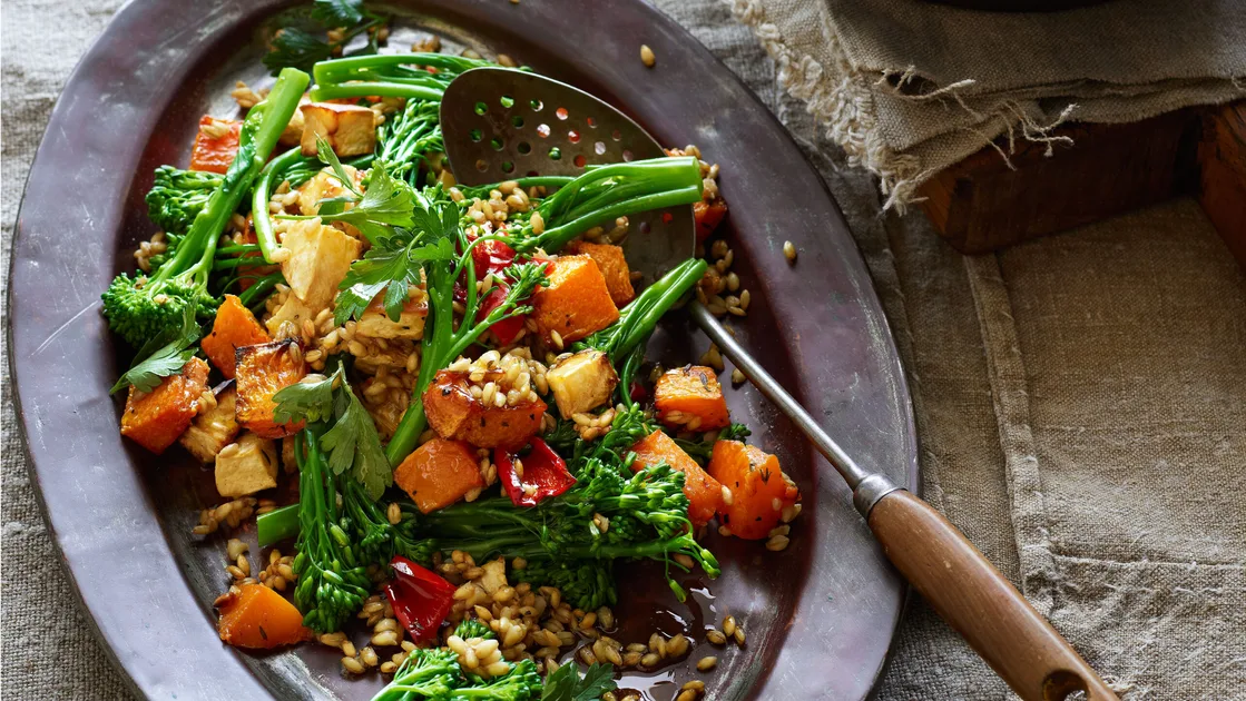 Warm barley and vegetable salad