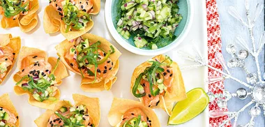 Marinated salmon wonton cups