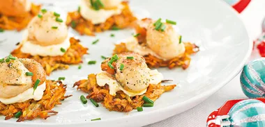 Kumara rosti cakes with scallops and lemon cream