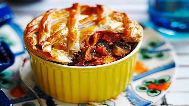 Eggplant and mushroom pasta pot pie