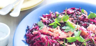 Lentils with beetroot & smoked salmon