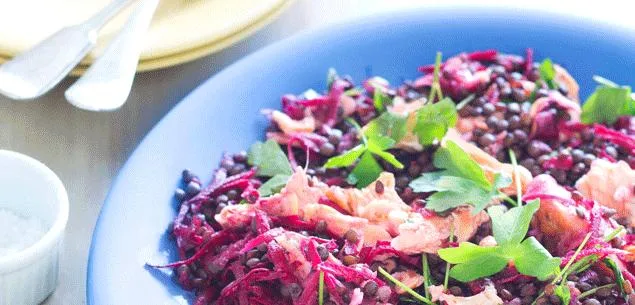 Lentils with beetroot & smoked salmon
