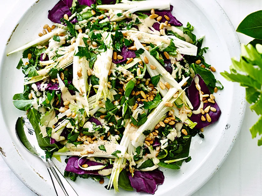 Refreshing radicchio, spinach, silverbeet and pine nut salad recipe
