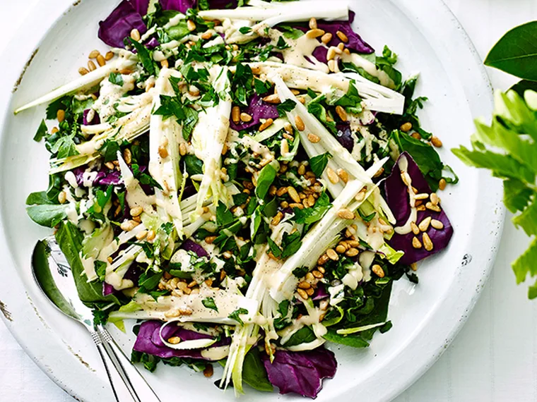 Radicchio, spinach, silverbeet & pine nut salad with ranch dressing