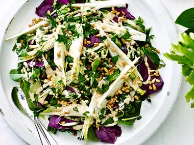 Radicchio, spinach, silverbeet & pine nut salad with ranch dressing