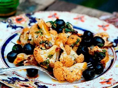 Roasted cauliflower salad with black olives, preserved lemon & chilli