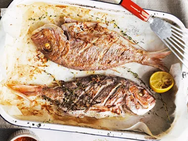 Barbecued snapper with rye romesco sauce
