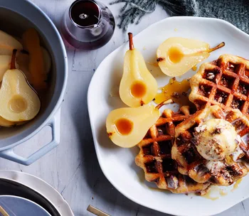 Overnight waffles, brown butter pecan ice cream
