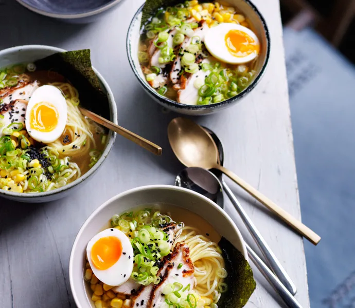 Smoked chicken ramen with corn