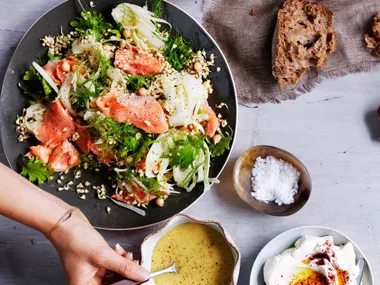 Sprouted buckwheat salad with confit salmon