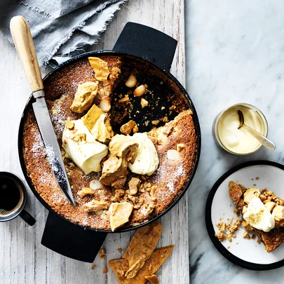 Frying pan coconut blondie with sea salt honeycomb