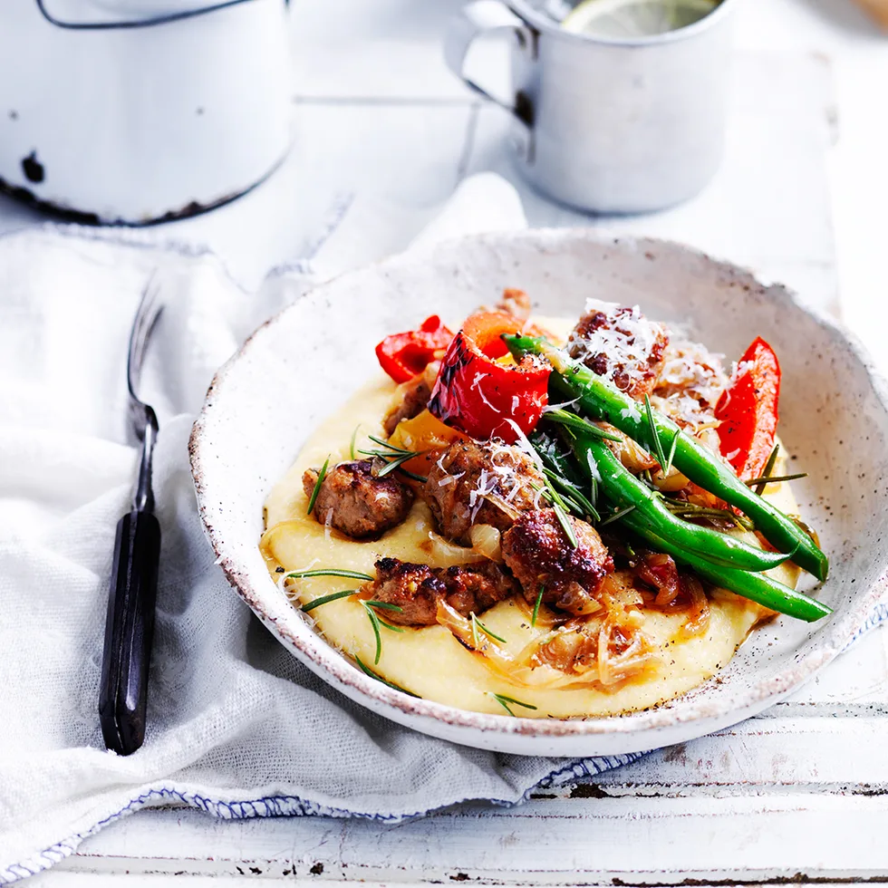 Sausages & capsicum with soft polenta