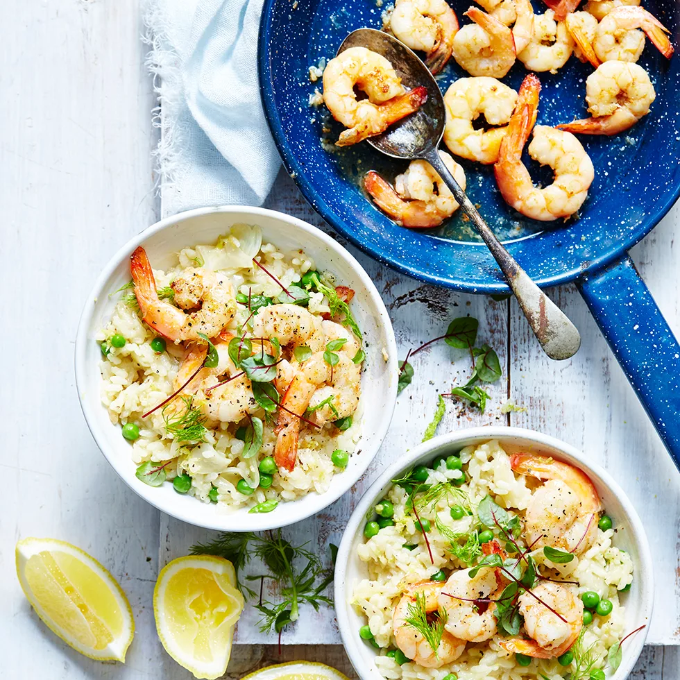 Fennel, lemon, pea & prawn risotto