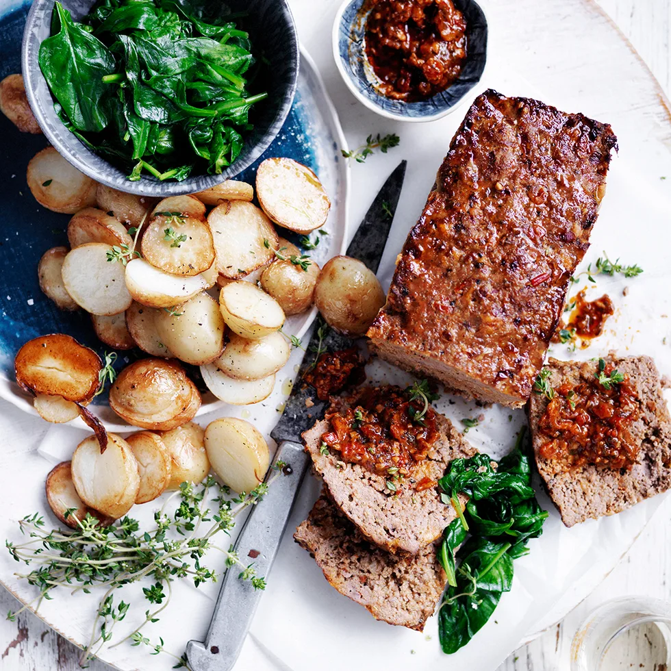 Sun-dried tomato meatloaf, side of potatoes and spinach