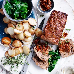 Sun-dried tomato meatloaf, side of potatoes and spinach