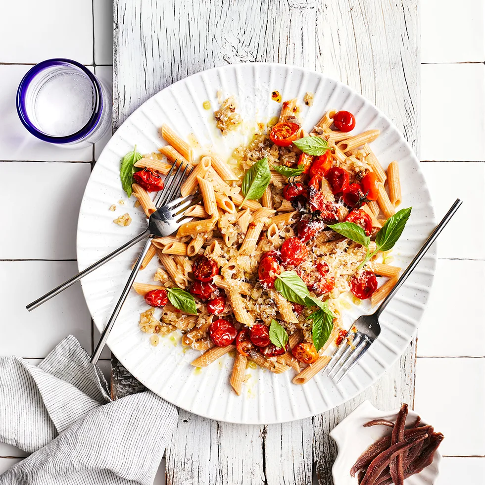 Pasta with slow-roasted cherry tomatoes & anchovies