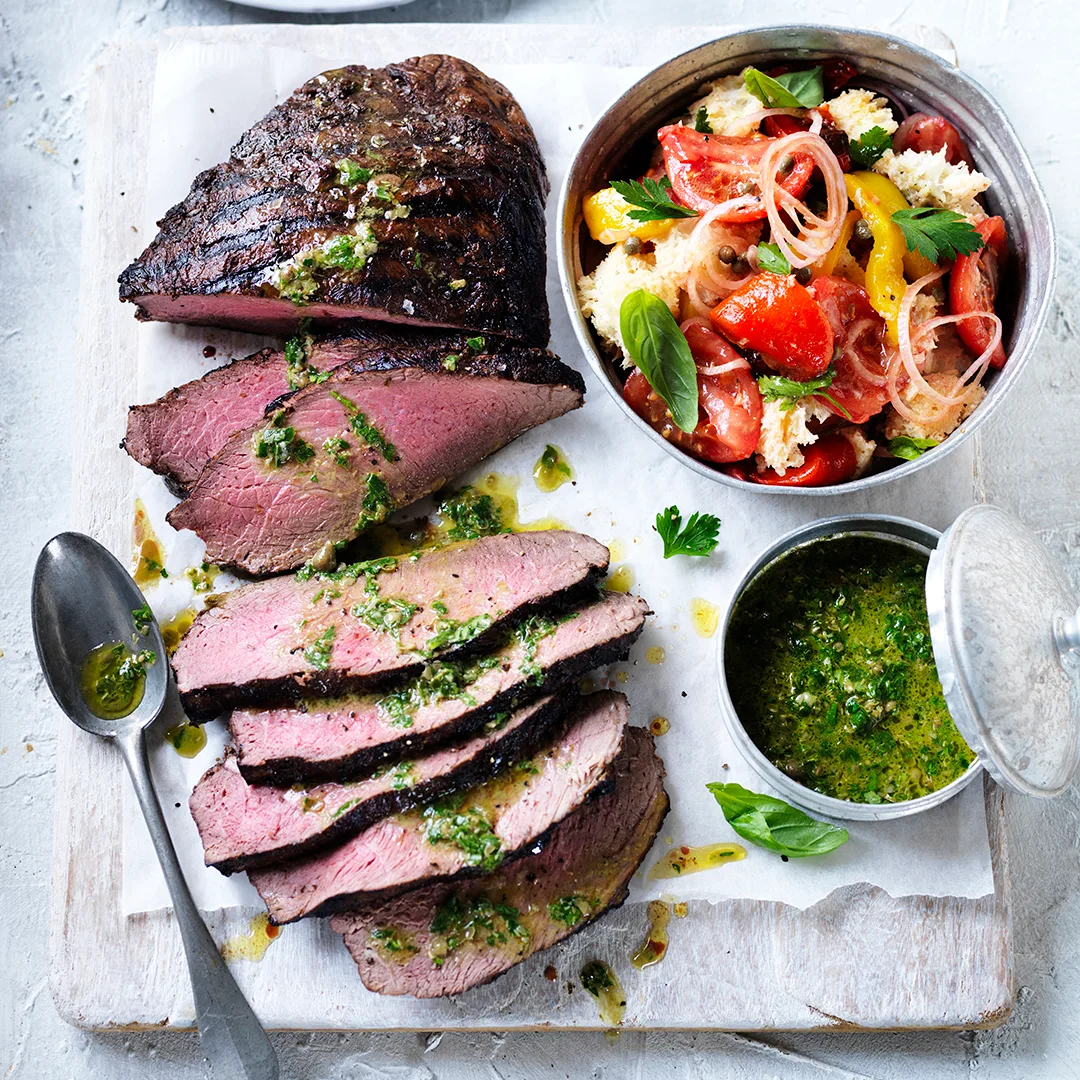 Roasted beef with salsa verde & panzanella salad