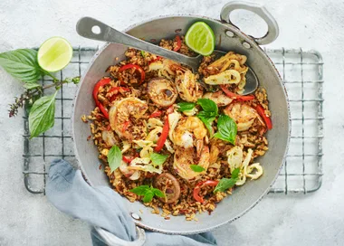 Thai-style fried rice with prawns, mushrooms, capsicum and Thai basil leaves