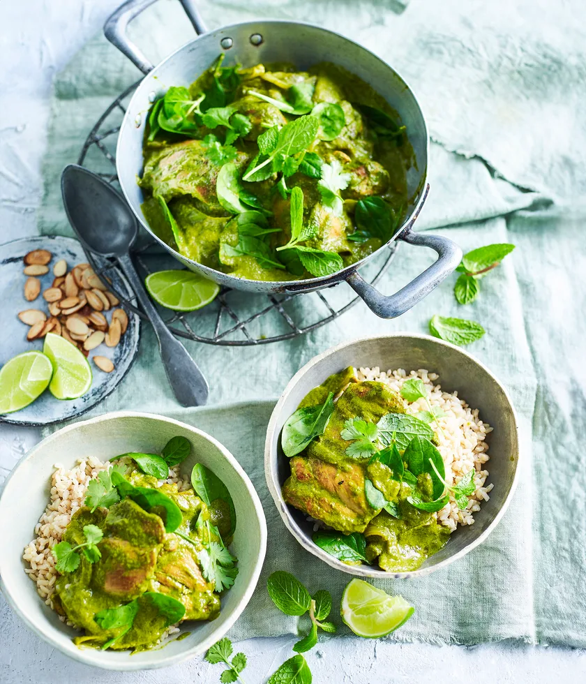 Green masala chicken curry served with brown rice and spinach