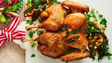 Butterflied roast turkey on a serving dish