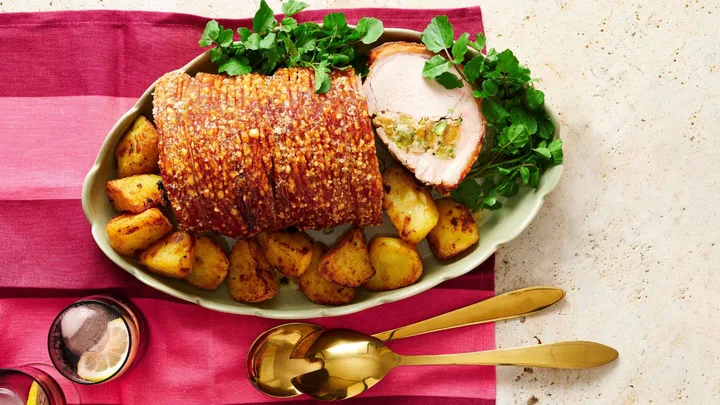 Air fryer roast pork with apricot, fetta and pistachio stuffing