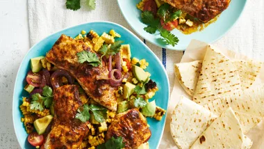 Cajun-spiced fish with roasted corn salsa