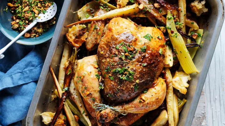 Roast chicken with crunchy bread and almond gremolata 