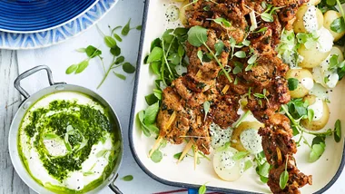 Paprika pork skewers with herby yoghurt potato salad