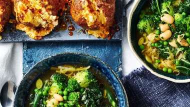 Winter greens soup with goat’s cheese & smoky baked potatoes