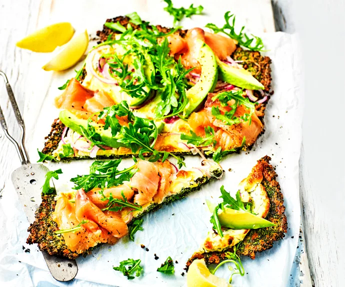 Smoked salmon and avocado kale pizza
