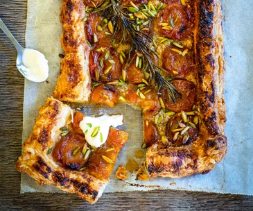 Apricot and rosemary pistachio tart