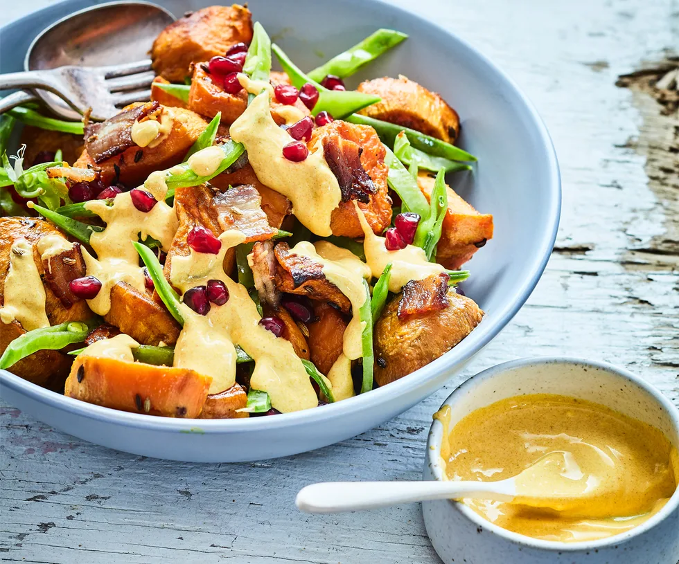 Warm kumara and bacon with mustard dressing