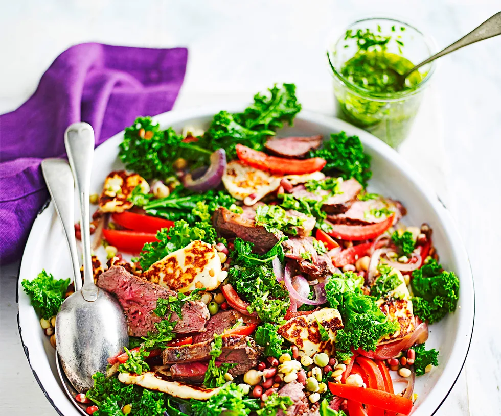 Lamb, haloumi and kale salad with chimichurri dressing