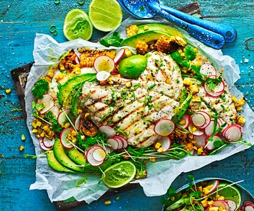 Chilli lime snapper with corn salsa salad