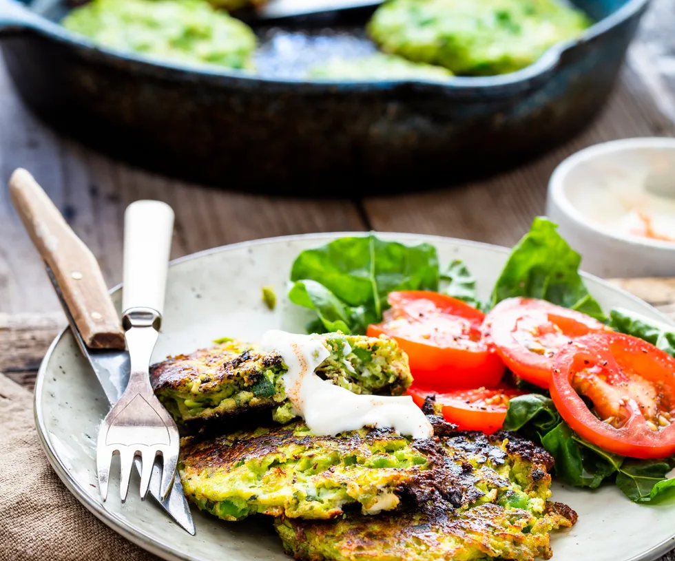 Courgette, pea and feta fritters