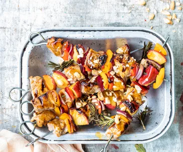Pork and peach barbecue skewers