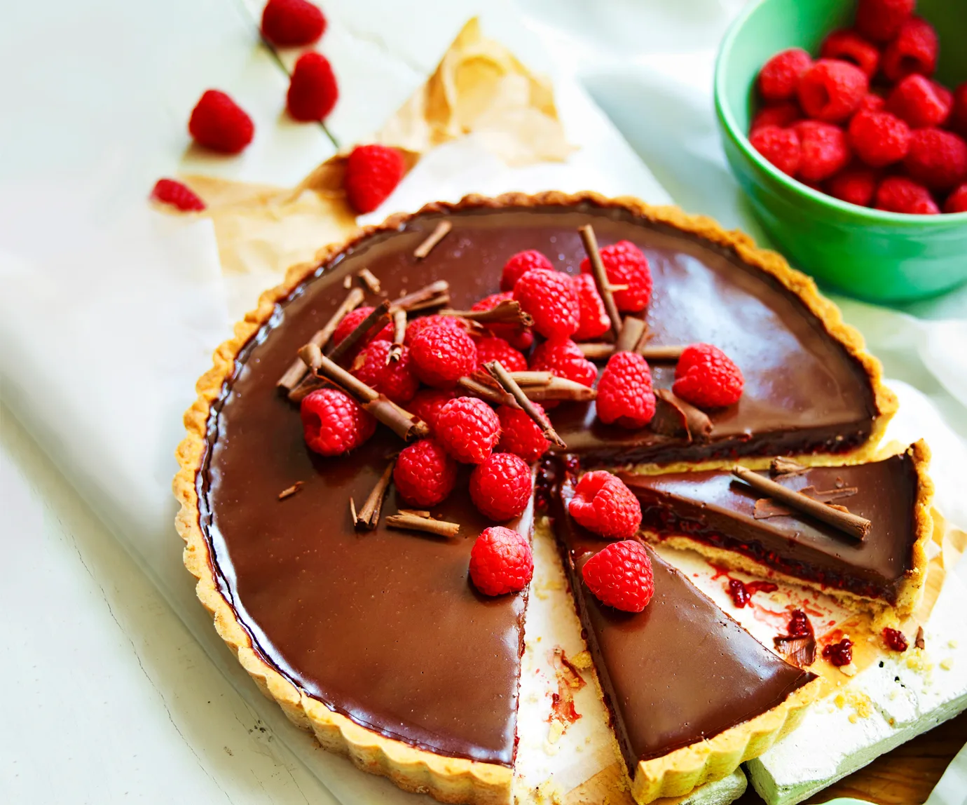 Raspberry, hazelnut and chocolate tart
