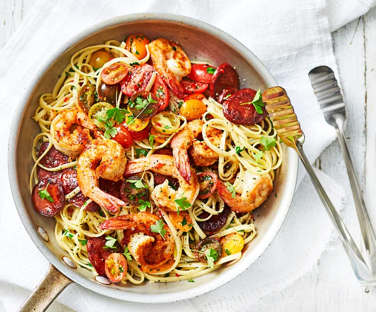 Linguine with garlic prawns and chorizo