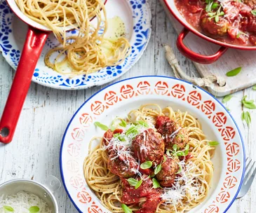 Baked chicken, pea and ricotta meatballs with spaghetti