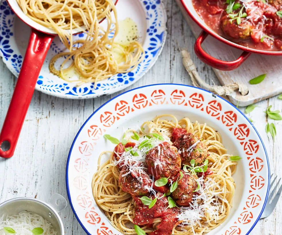 Baked chicken, pea and ricotta meatballs with spaghetti