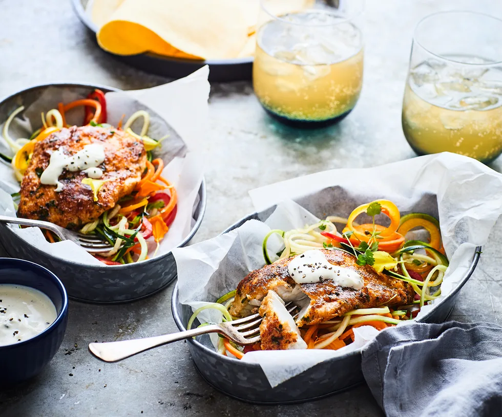 Golden parmesan moki with summer salad