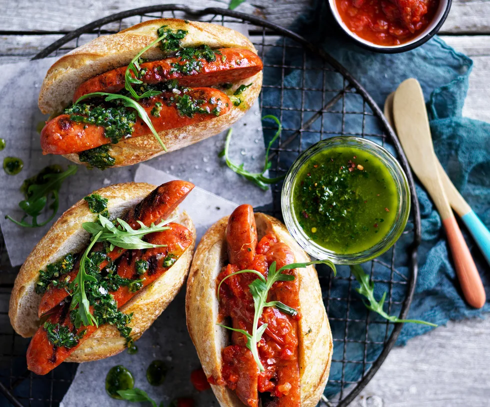 Chorizo hotdogs with chimichurri and smoky red relish