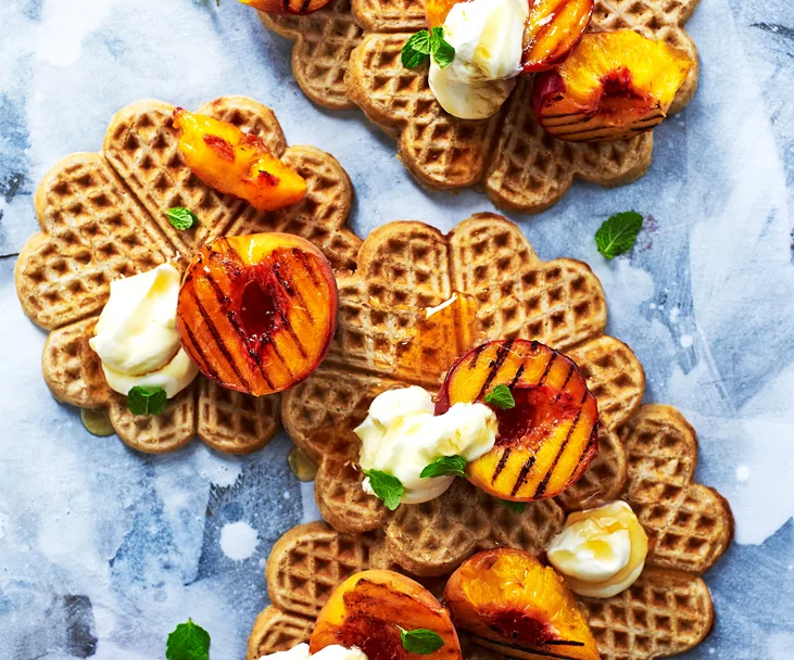 Buckwheat waffles with grilled peaches