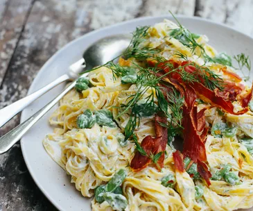 Broad bean and ricotta pasta with crispy prosciutto