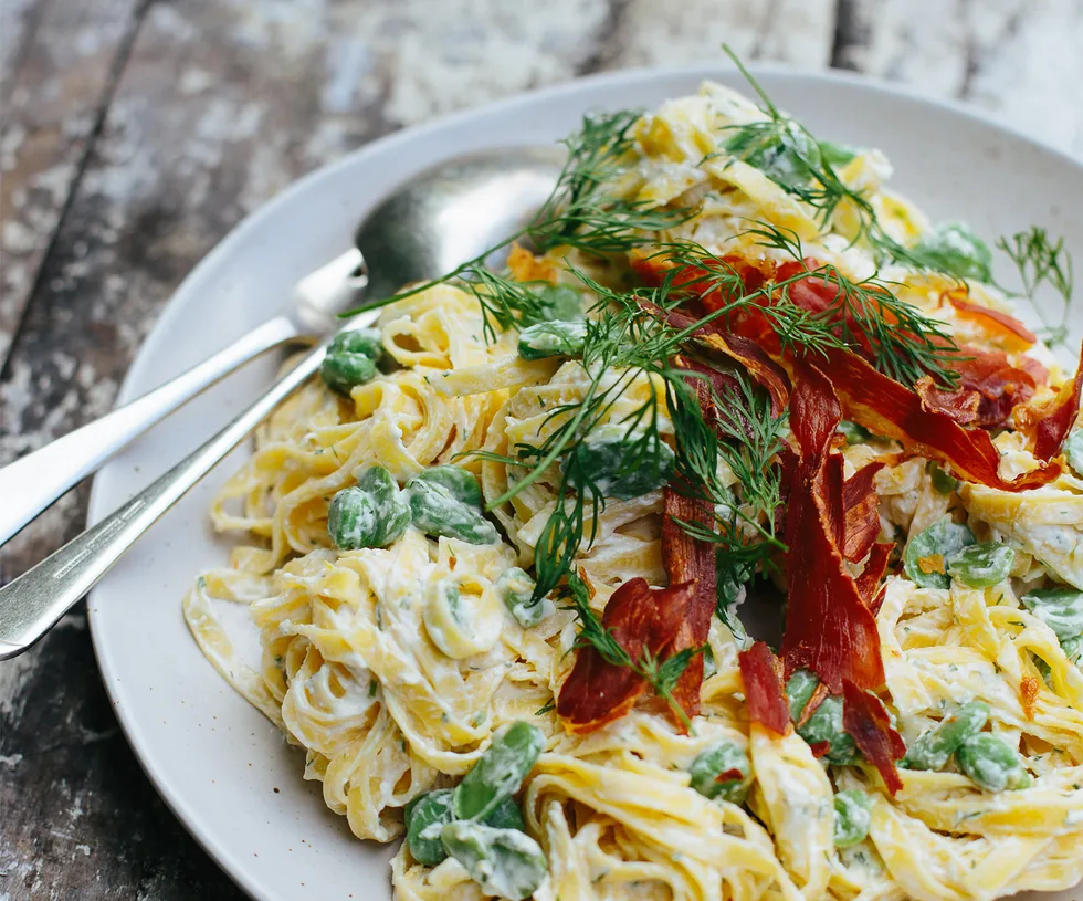 Broad bean and ricotta pasta with crispy prosciutto