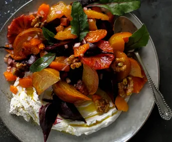 Roasted beet salad with orange, walnut and labneh